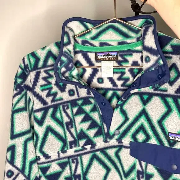 Vintage Patagonia Printed Snap-T Montana Siete Feather Grey Synchilla Size XS